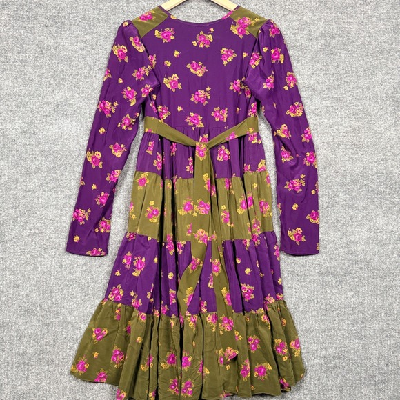 Betsey Johnson Size 6 Tiered Midi Shift Dress Purple Brown Silk Floral V Neck - Picture 2 of 10